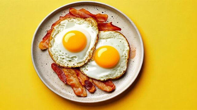 Sunny side up eggs with crispy bacon on yellow background