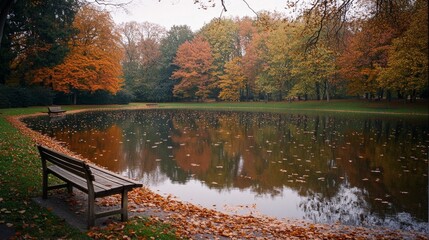 Peaceful Park Scene with Autumn Colors and Floating Leaves