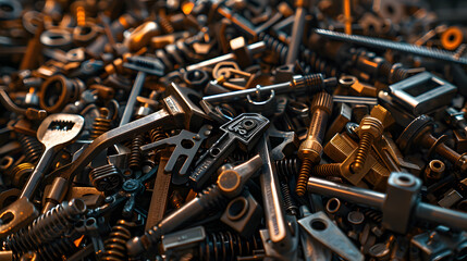 High detail close-up of shiny metal fasteners piled together with a neutral background