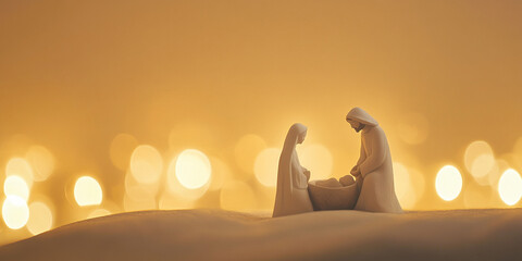 Minimalistic Christmas background. Nativity scene: newborn baby Jesus Christ in the manger, Mary, Joseph.