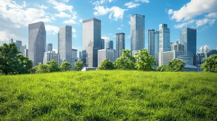 Fototapeta premium Explore a sustainable urban landscape with a clean energy focus. Discover eco-friendly buildings, net-zero initiatives, recycling symbols, and a green cityscape promoting a cleaner, greener future