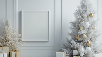 Blank photo frame with Christmas tree, presents, and white and gold New Year's decorations