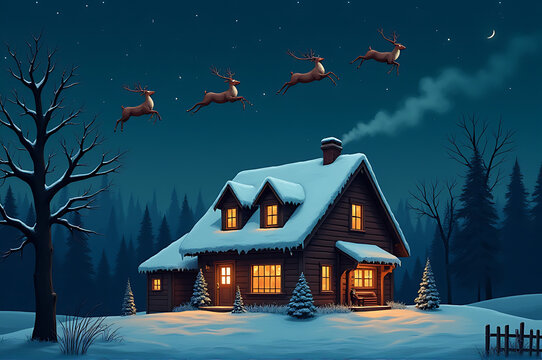 Christmas night, cozy house with chimney smoke, snow-covered rooftop, glowing windows, reindeer in the sky_00001_