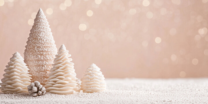 Minimalistic christmas beige background with christmas tree  and space for text, new year decorations