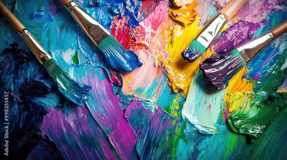 Poster brightly colored paints and brushes are scattered across a canvas, showcasing a lively array of abst