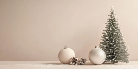 Minimalistic christmas beige background with christmas tree and balls , with space for text, new...