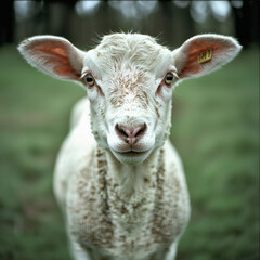 Obraz premium A closeup of a curious white lamb's face, soft wool illuminated by gentle sunlight. The lamb's expressive eyes stand out against the blurred backdrop of green grass and sky.