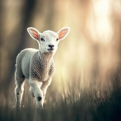 Fototapeta premium A closeup of a curious white lamb's face, soft wool illuminated by gentle sunlight. The lamb's expressive eyes stand out against the blurred backdrop of green grass and sky.