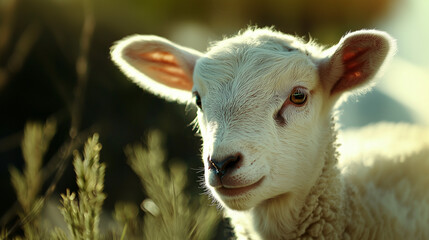 Obraz premium A closeup of a curious white lamb's face, soft wool illuminated by gentle sunlight. The lamb's expressive eyes stand out against the blurred backdrop of green grass and sky.