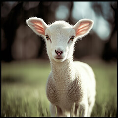 Fototapeta premium A closeup of a curious white lamb's face, soft wool illuminated by gentle sunlight. The lamb's expressive eyes stand out against the blurred backdrop of green grass and sky.