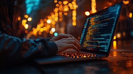A close-up of a hacker's hands coding on a laptop emphasizes cybersecurity threats.