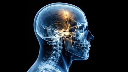 X-ray view of a human skull and spine illustrating the structure of the head, showcasing the brain, neck, and spinal column in detailed clarity.