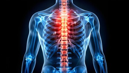 Anatomical illustration of a human spine highlighted in red against a dark background, showcasing the intricate details of the skeletal structure.