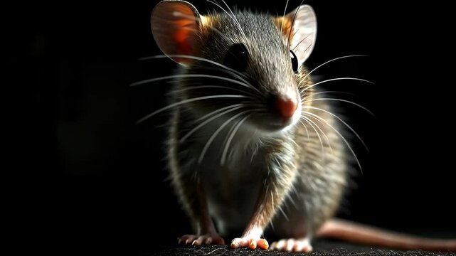 A gray rat sits on a dark surface, its whiskers twitching