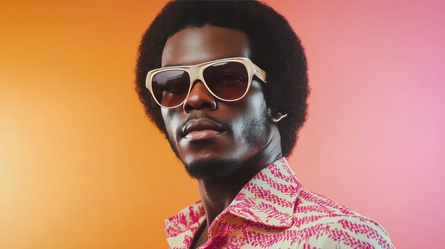 A man with an afro and sunglasses. Perfect for vintage fashion, 70s vibes and retro style.