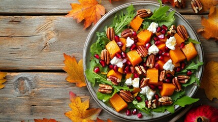 Seasonal fall salad with pomegranate, goat cheese, and maple vinaigrette