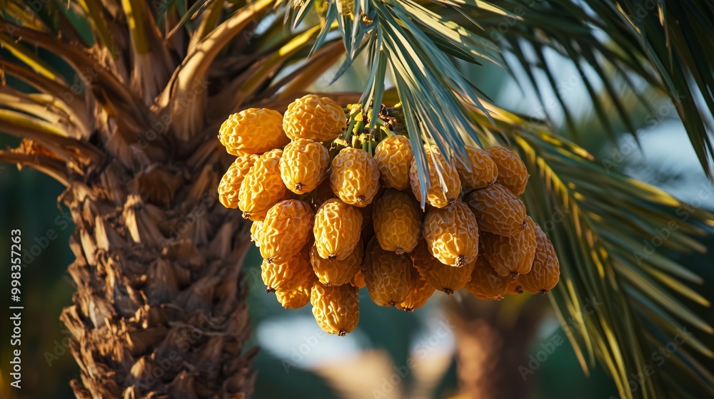 Poster clusters of ripe yellow dates hanging from a palm tree in a sunny desert setting during early mornin
