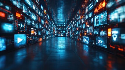 A comprehensive digital banner depicting multimedia entertainment and communication technologies, including streaming, social networking, and the web.