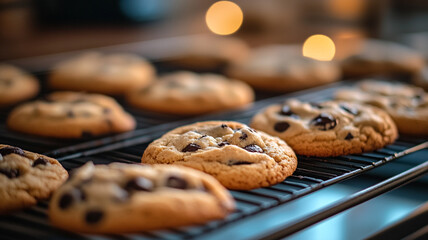 Freshly baked chocolate chip cookies cooling on a rack for National Cookie Day celebration