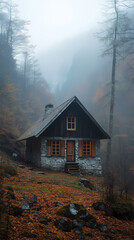 An old house in natural view.big mountain.An isolated mountain hut in the foggy forest.