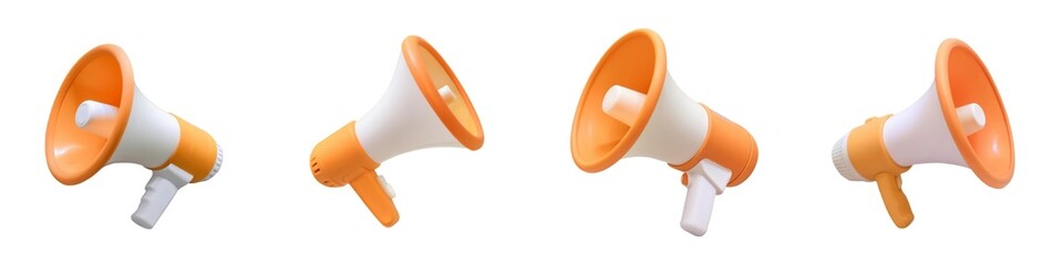 Four orange megaphones lined up, symbolizing communication and announcement.