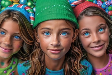 Fototapeta premium Three young girls are smiling and wearing green hats