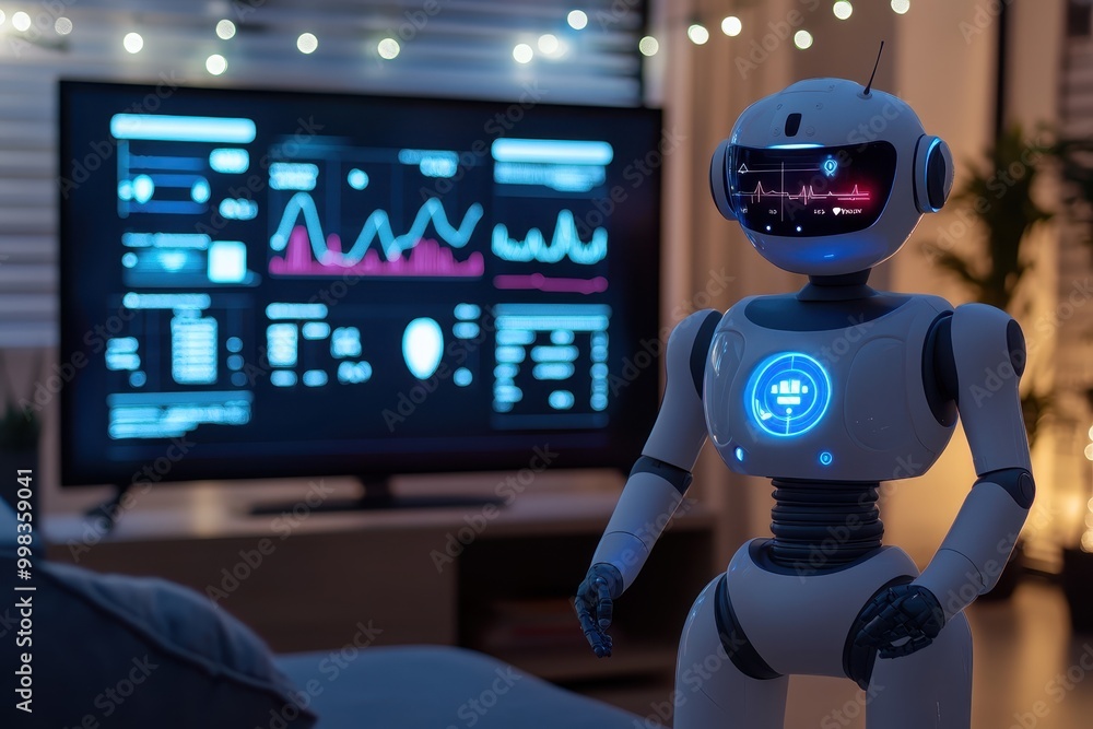 Poster a futuristic robot stands in a modern room with a data display on a tv.