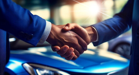 Car buyer shaking hands with salesman at auto dealership, in the background a blurry blue luxury car with light entering from the display window. Auto business and car sale concept. Generative Ai.