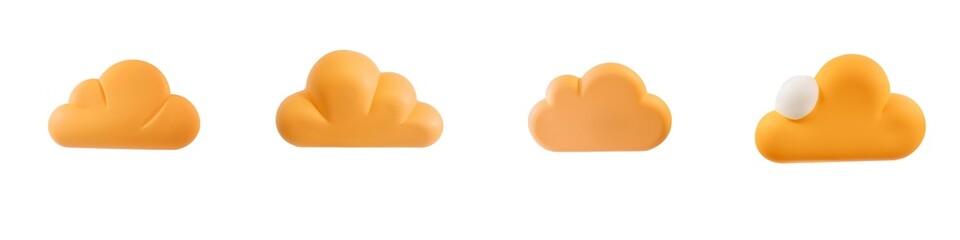 Four fluffy, orange clouds displayed side by side, showcasing various shapes and textures in a playful design.