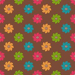 Floral seamless repeat pattern tile in rainbow colors on brown background