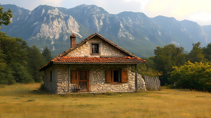 Obraz premium An old house in natural view.big mountain.An isolated mountain hut in the foggy forest.