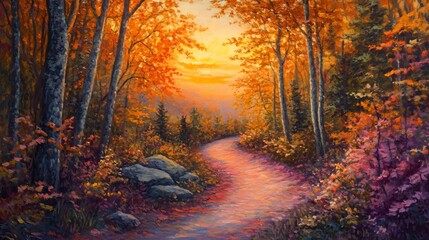 A winding path through a colorful forest with golden leaves, sunset sky, and rocks.