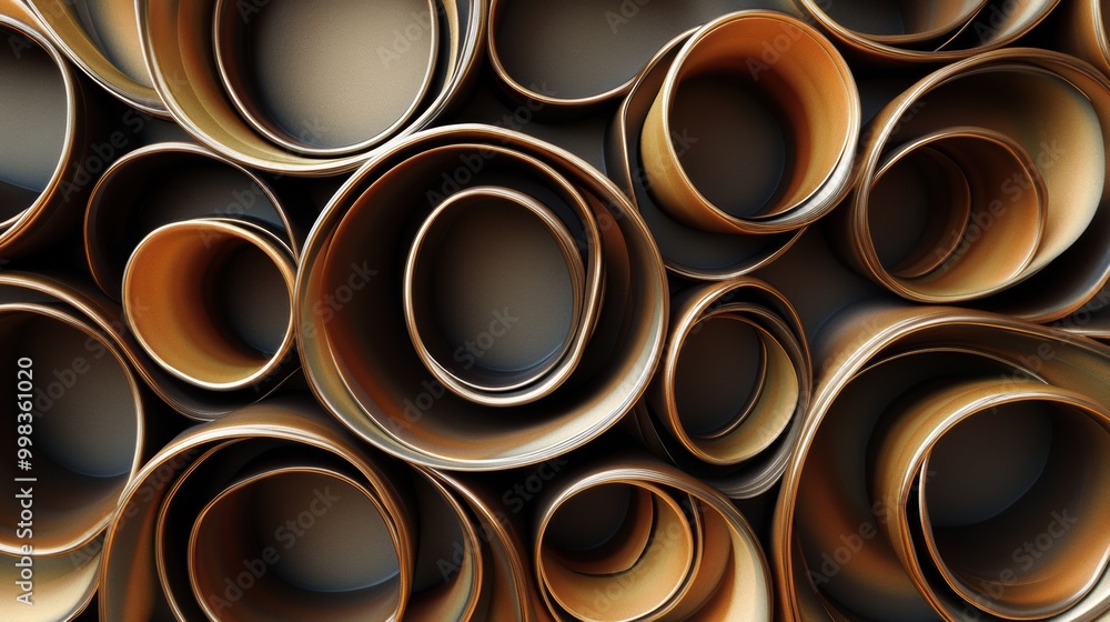 Poster overlapping coffee cup rings form a striking abstract pattern, showcasing various shades of brown in