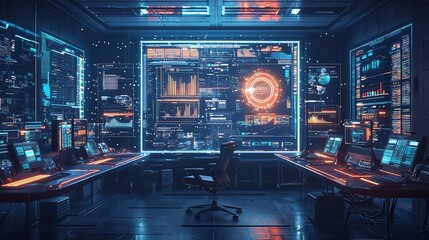 A futuristic control room illuminated by vibrant blue lights, featuring advanced technology and large screens displaying data and analytics.