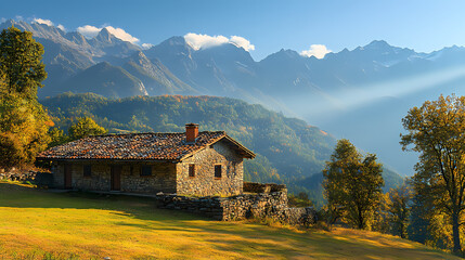An old house in natural view.big mountain.An isolated mountain hut in the foggy forest.
