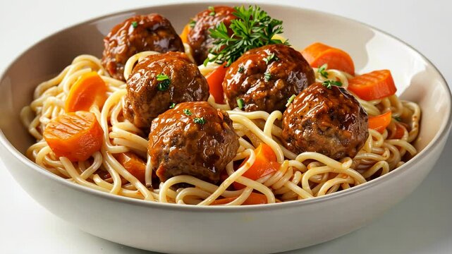A close-up of a bowl of spaghetti with meatballs and carrots, garnished with parsley