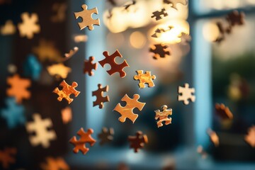  Floating puzzle pieces in mid-air, captured in motion, creating a dynamic and playful visual.