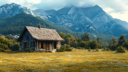An old house in natural view.big mountain.An isolated mountain hut in the foggy forest.