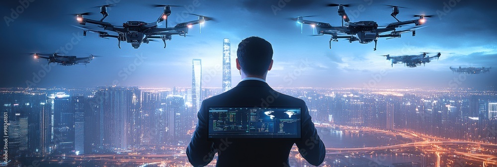 Poster the drone pilot skillfully manages a fleet of advanced drones from a sophisticated control center, o