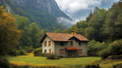 Fototapeta premium An old house in natural view.big mountain.An isolated mountain hut in the foggy forest.