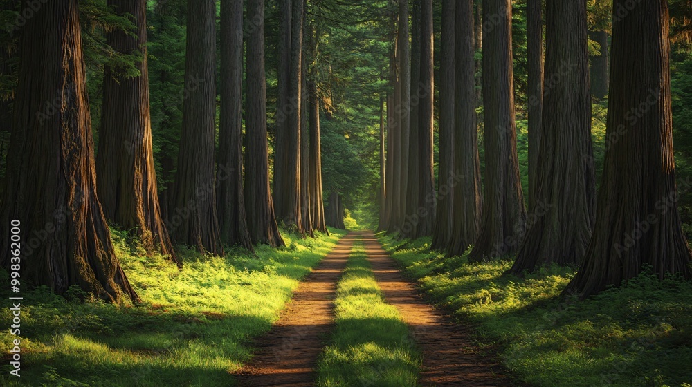 Poster a winding path through a dense forest of towering trees.