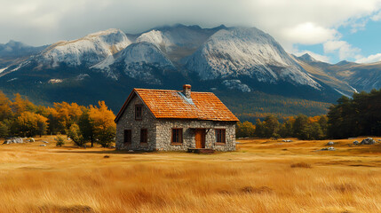An old house in natural view.big mountain.An isolated mountain hut in the foggy forest.