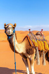  a Tuareg camel adorned with intricate saddle and tassels