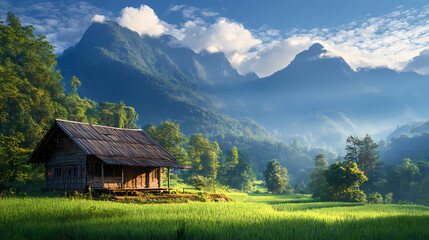 Obraz premium An old house in natural view.big mountain.An isolated mountain hut in the foggy forest.