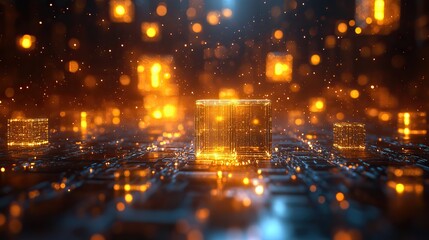 A digital landscape in golden hues features glowing cubes, symbolizing cryptocurrency and blockchain technology.