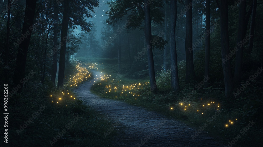 Poster a winding path through a dense forest, illuminated by a string of glowing fireflies.