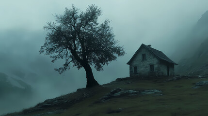 An old house in natural view.big mountain.An isolated mountain hut in the foggy forest.