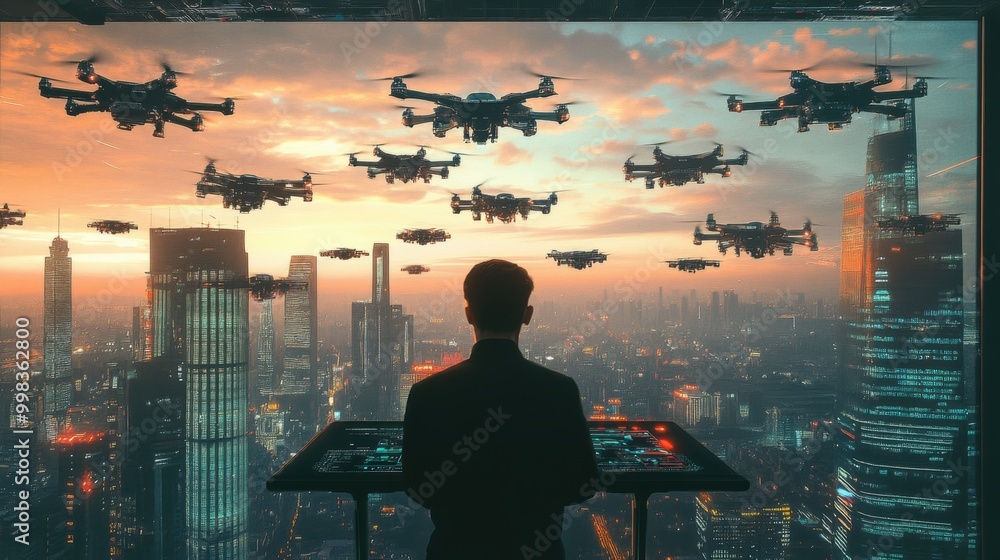 Fototapete A skilled drone pilot controls a large swarm of sleek drones using a touchpad in a high-tech control center during sunset. Generative AI