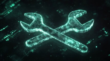 Crossed Digital Wrenches Made of Neon Light Representing Cyber Sabotage