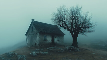 An old house in natural view.big mountain.An isolated mountain hut in the foggy forest.